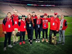 The Utah Athletics DCM (digital and creative team) stops for a quick selfie during the Pac-12 Championship game in Allegiant Stadium. Pictured, l to r: Forrest Gmitro, Jordie Lindley, Evan Jones.
